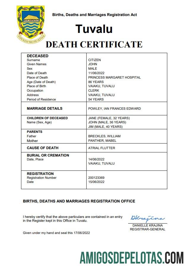 Realista modelo Word e PDF de certidão de óbito de registro vital de Tuvalu